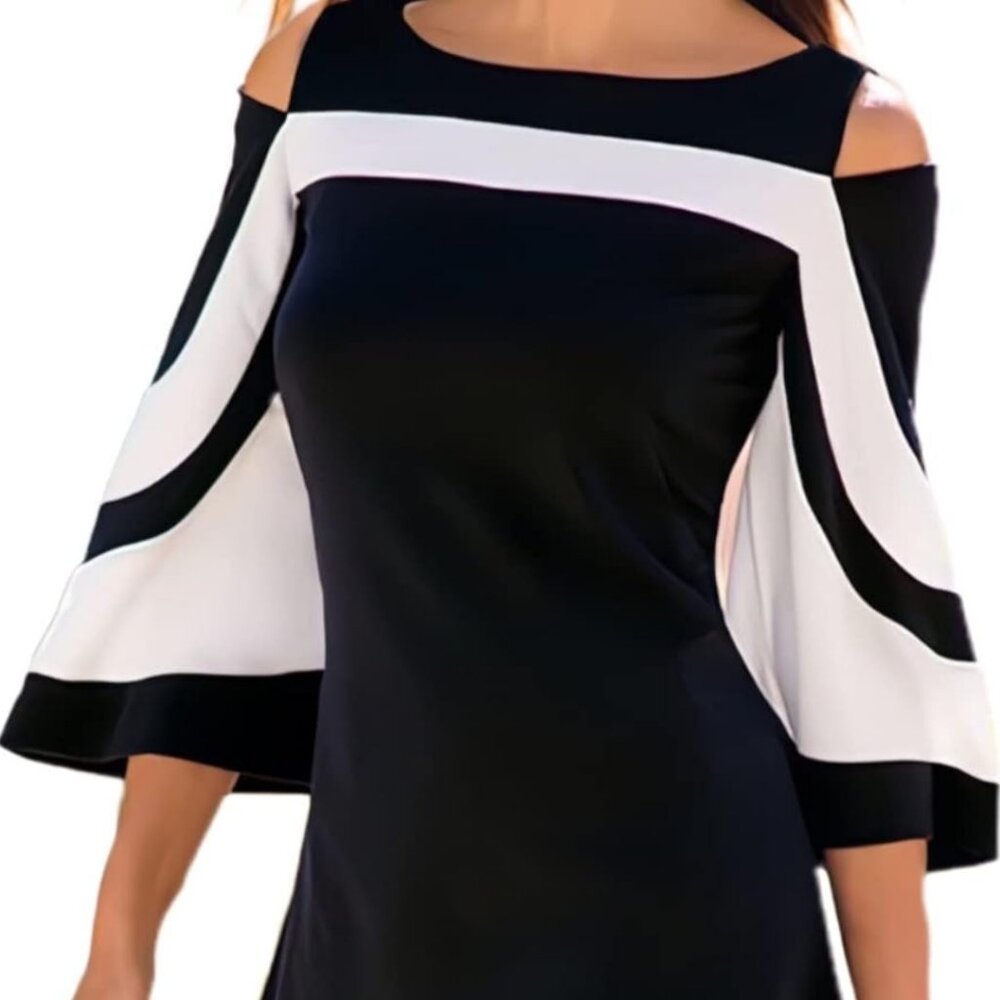 Queenie Visconti: Black & White Bell-Sleeved, Cold-Shoulder Top